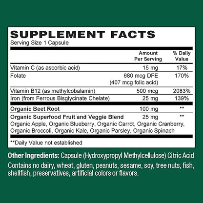 PlantFusion Vegan Iron Supplement for Women B12, Folate 60 Capsules