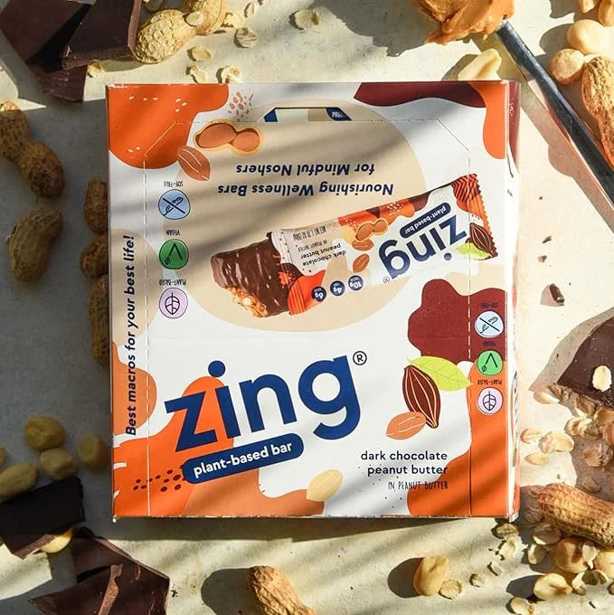 Zing Dark Chocolate Peanut Butter Vegan Protein Bars, Gluten Free with High Protein, High Fiber, Dairy Free Nutrition Bars...