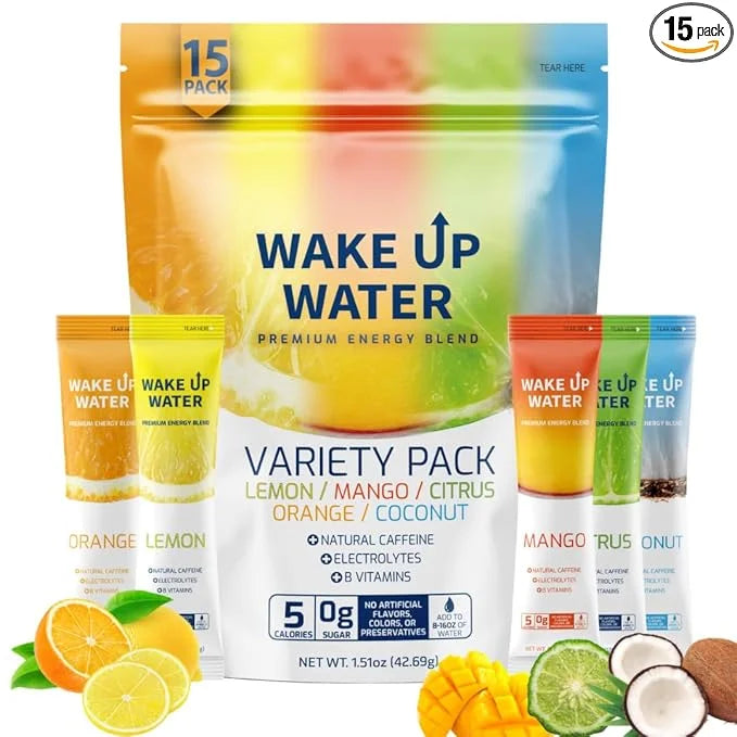 Wake Up Water - Energy + Hydration Sugar Free 15 Packet, Variety Pack - Energy Drink Powder, Electrolytes Powder Drink, Na...