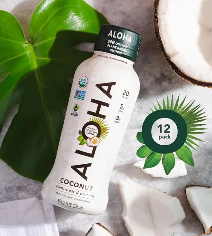ALOHA Organic Plant Based Coconut Protein Shake w/MCT Oil (12 ct, 12oz Bottle) 20g Protein, Meal Replacement, Low Sugar & ...