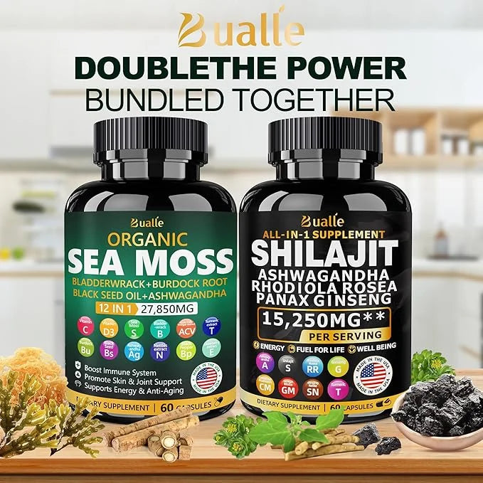 Sea Moss and Shilajit Bundle 60 Count 18000mg, Black 4000mg, Ashwagandha 1000mg, Ginger 9000mg, Rhodiola 1000mg, All 1 Sup...