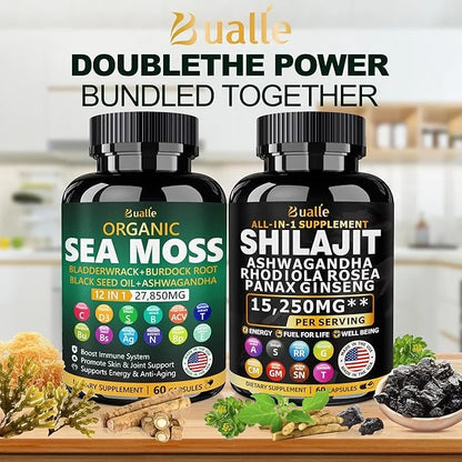 Sea Moss and Shilajit Bundle 60 Count 18000mg, Black 4000mg, Ashwagandha 1000mg, Ginger 9000mg, Rhodiola 1000mg, All 1 Sup...