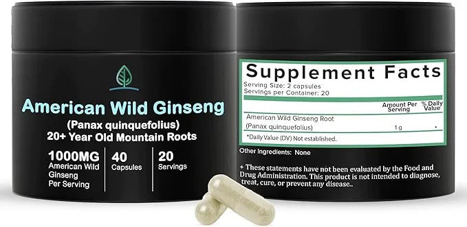 Wild American Ginseng Capsules Pure Organic 20+ Year (40 Capsules)
