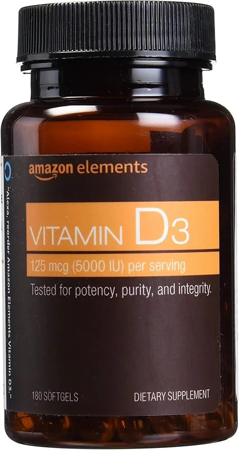 Amazon Elements Vitamin D3, 5000 IU, 180 Softgels, 6 month