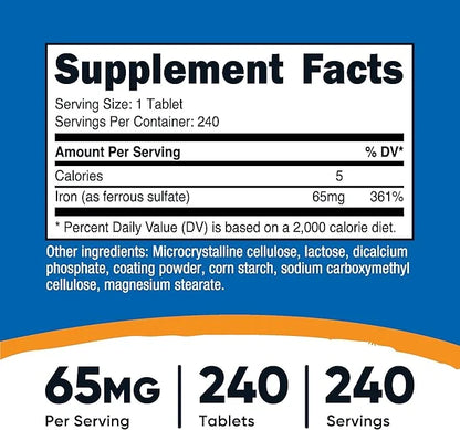 Nutricost Iron (As Ferrous Sulfate) 65mg, 240 Tablets - Non-GMO, Gluten Free - Product Image