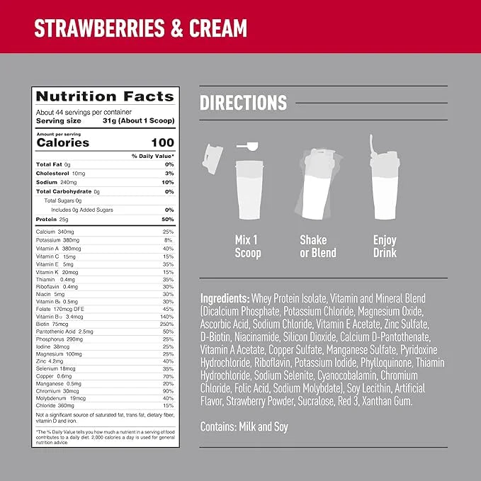 Isopure Zero Carb 100% Pure Whey Isolate Protein Powder, Lactose Free, Gluten Free, With Vitamins, Strawberries & Cream, 2...