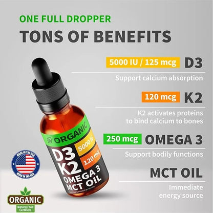 (2 Pack) Organic Vitamin D3 K2 Drops with MCT Oil, Omega 3, 5000 IU - Vitamin D Liquid, No Fillers, Non-GMO D3 for Body’s ...