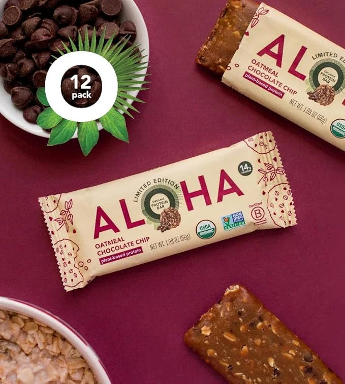 ALOHA Organic Plant Based Protein Bars - Oatmeal Chocolate Chip - 12 Count, 1.9oz Bars - Vegan Snacks, Low Sugar, Gluten-F...