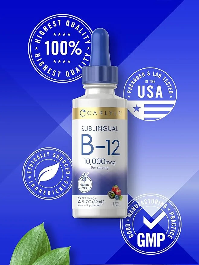 Carlyle Vitamin B12 Sublingual | 10,000mcg | 2 fl oz | Vegetarian, Non-GMO, Gluten Free Liquid Drops - Product Image