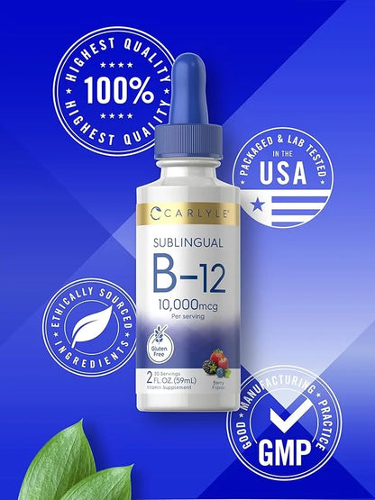 Carlyle Vitamin B12 Sublingual | 10,000mcg | 2 fl oz | Vegetarian, Non-GMO, Gluten Free Liquid Drops - Product Image