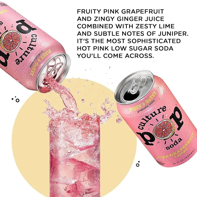 Culture Pop Soda, Pink Grapefruit & Ginger, Probiotic Low Sugar Soda, Sparkling Juice Alternative, Non-GMO, Kosher, Gluten...