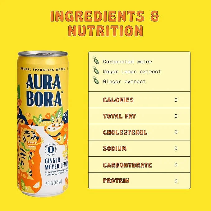 Aura Bora, Ginger Meyer Lemon Herbal Sparkling Water, 12 oz Can (Pack of 12), 0 Calories, 0 Sugar, 0 Sodium, Non-GMO - Pro...