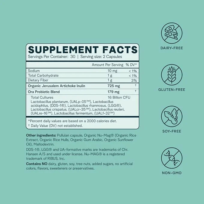 Ora Organic Prebiotics and Probiotics for Women 16 Billion 6 Strains 1 Month 60 Vegan