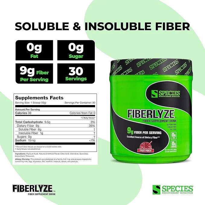 Species Nutrition Fiberlyze Fiber Supplement, Psyllium 30 Servings)