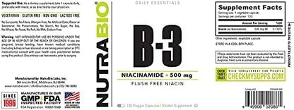 NutraBio Niacinamide Supplement for Normalized Blood B3, 500mg 500mg - 120 Vegetable