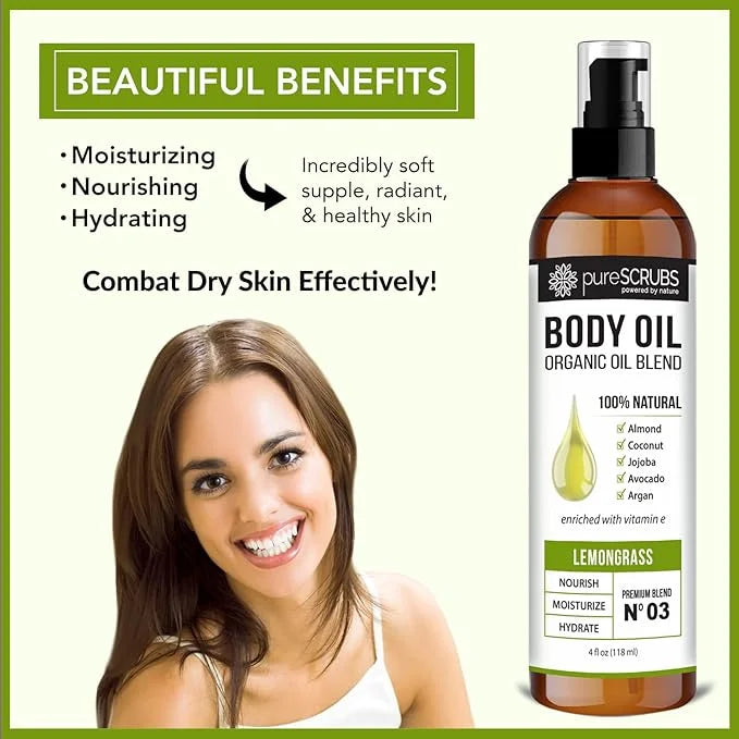 pureSCRUBS Ultra Moisturizing Lemongrass Body Oil Spray for Dry Skin, Massage, & More, Organic Super Blend of Jojoba, Arga...