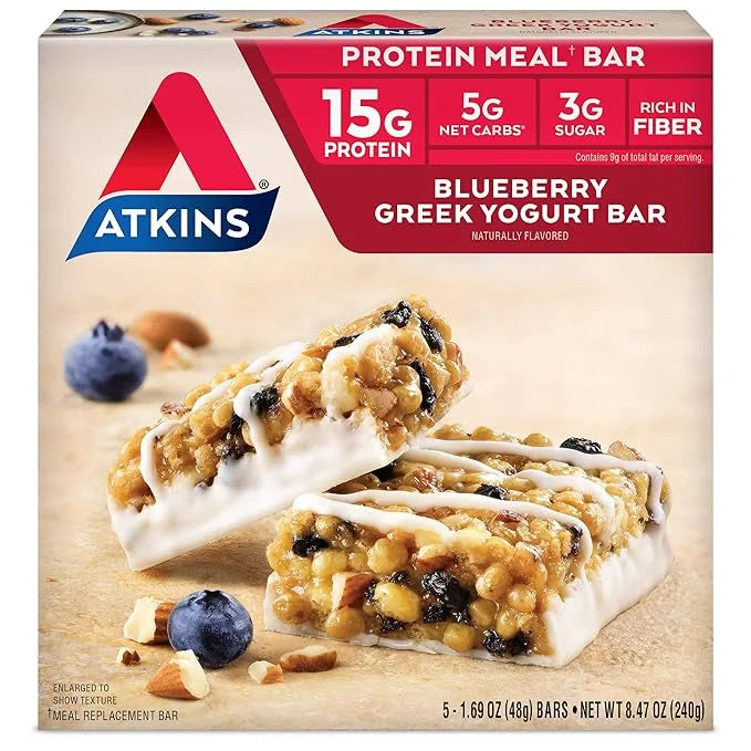 Atkins Blueberry Soft Baked & Greek Yogurt Protein Meal Bars, 15g Protein, 2-3g Sugar, High Fiber, Low Carb, 4 Packs (20 B...