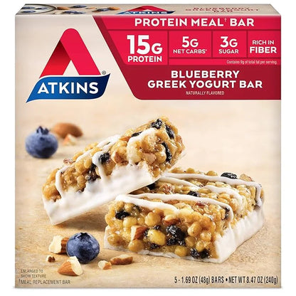 Atkins Blueberry Soft Baked & Greek Yogurt Protein Meal Bars, 15g Protein, 2-3g Sugar, High Fiber, Low Carb, 4 Packs (20 B...