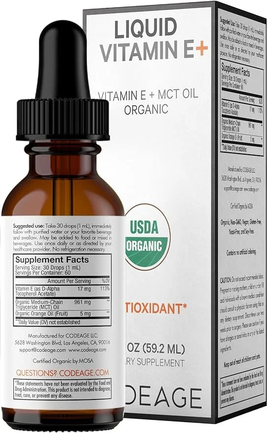 Codeage Liquid Vitamin E+ - USDA-Certified Organic Vitamin E - 2-Month Supply - D-Alpha Tocopherol Acetate, Organic MCT Oi...