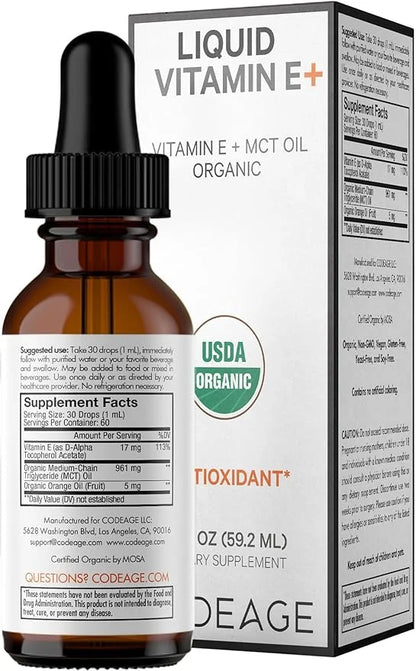 Codeage Liquid Vitamin E+ - USDA-Certified Organic Vitamin E - 2-Month Supply - D-Alpha Tocopherol Acetate, Organic MCT Oi...