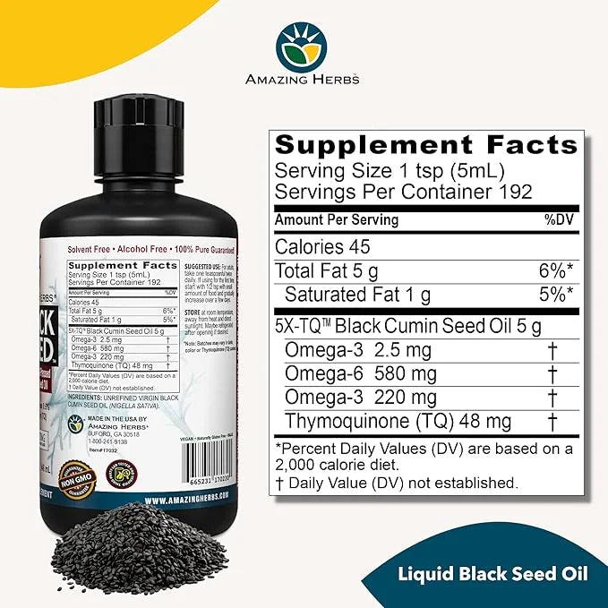 Amazing Herbs Egyptian Black Seed Oil - Gluten Free, Non GMO, Cold Pressed Nigella Sativa Aids in Digestive Health, Immune...
