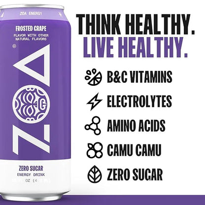 ZOA Zero Sugar Energy Drinks, Frosted Grape - Sugar Free with Electrolytes, Healthy Vitamin C, Amino Acids, Essential B-Vi...