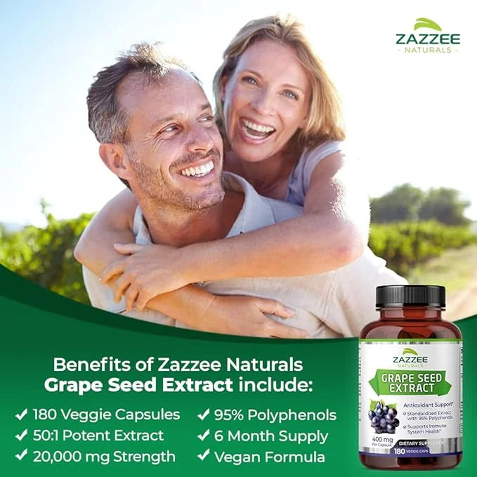 Zazzee High Strength Grape Seed 50:1 20,000 mg 180 Vegan 95% Polyphenols, 6 Month 50X Extract, 400 mg