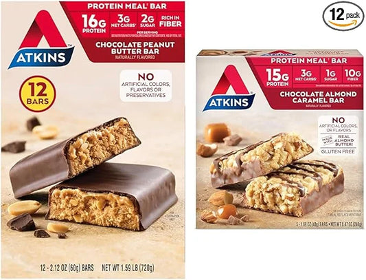 Atkins Chocolate Peanut Butter Protein Meal Bar with Almond Caramel Bar, High Fiber, Gluten Free, Keto-Friendly, Low Carb,...