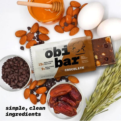 Obi Bar Chocolate - Protein and Oat Fiber Bar | All Natural | Subtle and Lightly Sweet Taste | Meal Bar | Heart and Gut He...