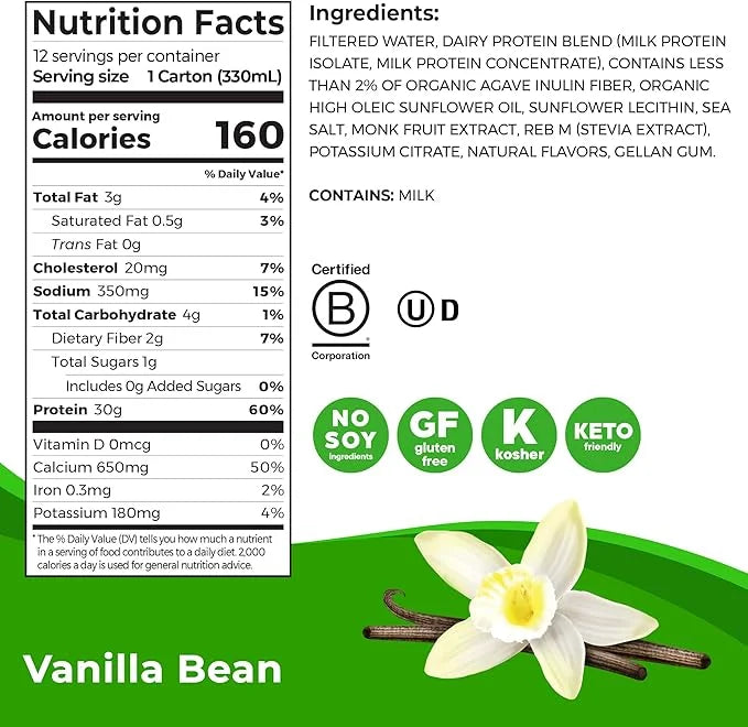 Orgain 30g High Protein Shake, Dairy Isolate Milk Protein, Vanilla Bean, 6g BCAAs, 1g Sugar Per Serving, Meal Replacement,...