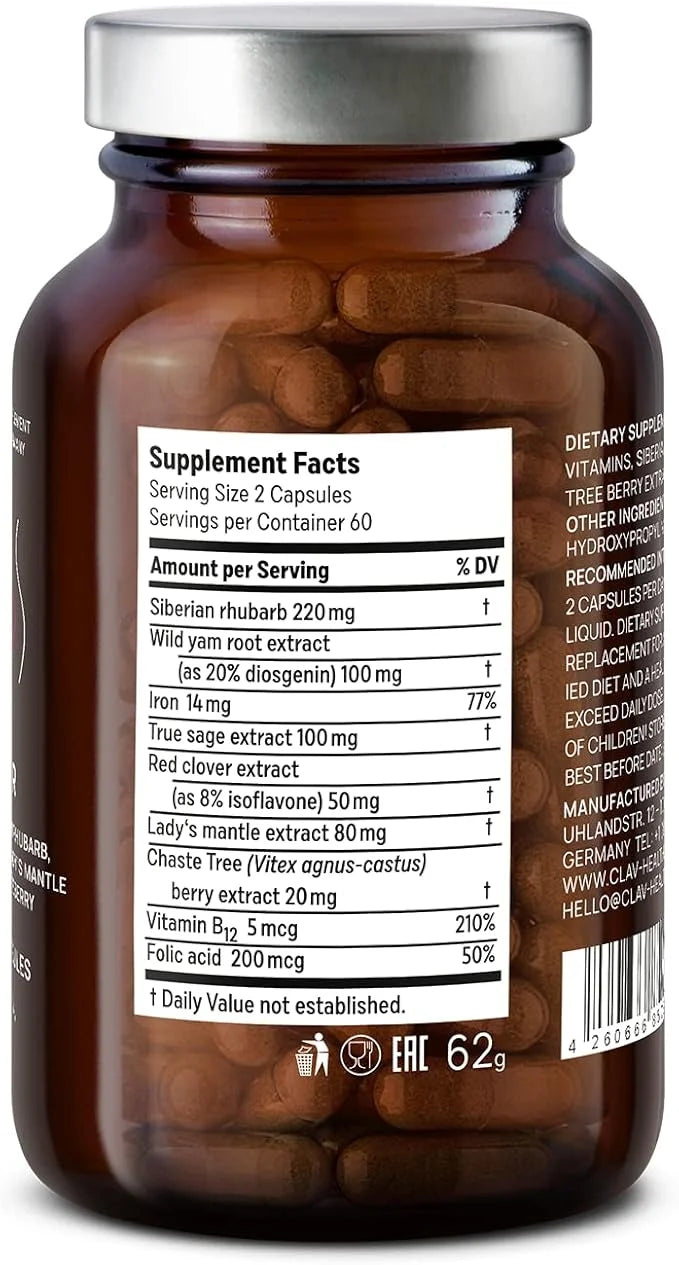 CLAV® Natural Hormone Balance for Women - PMS Relief with Siberian Rhubarb, Wild Yam & Vitex Berry - Vegan Menstrual Regul...