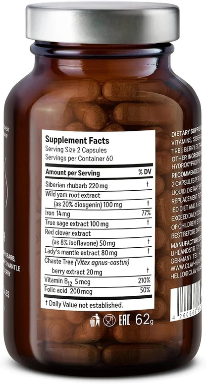 CLAV® Natural Hormone Balance for Women - PMS Relief with Siberian Rhubarb, Wild Yam & Vitex Berry - Vegan Menstrual Regul...