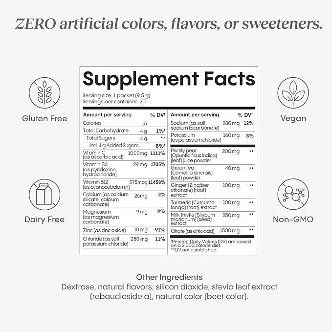Hydralyte Liver Support + Electrolyte Mix with Milk Thistle, Turmeric, Ginger, Prickly Pear, Green Tea Extract Formulated ...