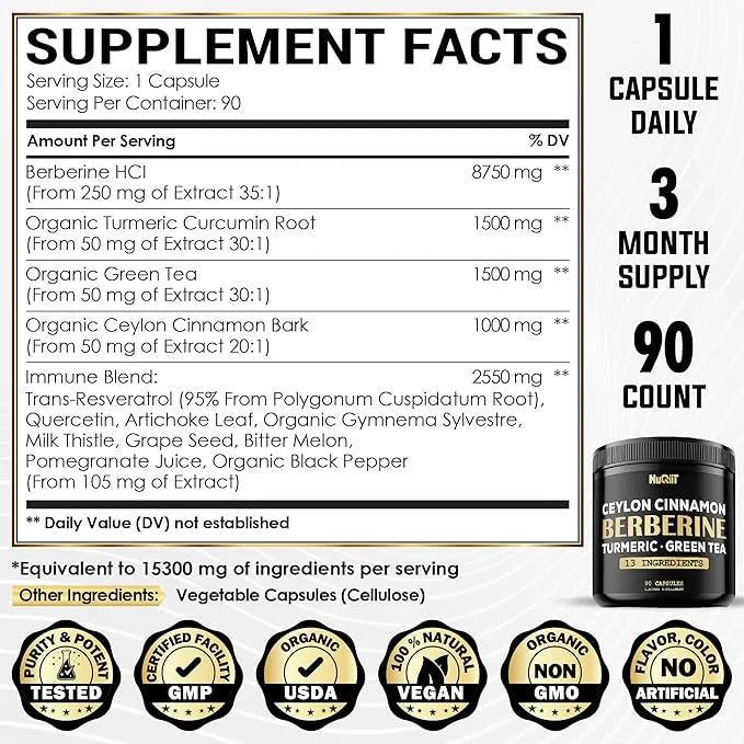 Berberine Supplement 8750mg Turmeric Curcumin 1500mg 1500mg & 90 Capsules 3 Months