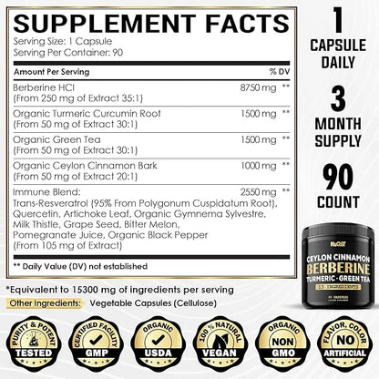 Berberine Supplement 8750mg Turmeric Curcumin 1500mg 1500mg & 90 Capsules 3 Months