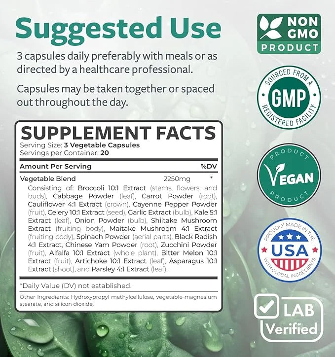 Super Greens Antioxidants Superfoods 2250mg Supplement 20 Ingredients 60 Capsules