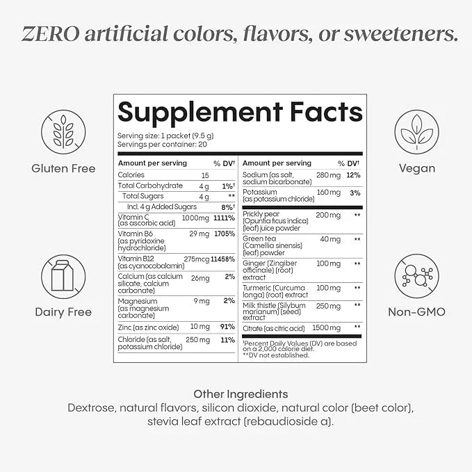 Hydralyte Liver Support + Electrolyte Mix with Milk Thistle, Turmeric, Ginger, Prickly Pear, Green Tea Extract Formulated ...