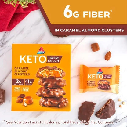 Atkins Caramel Almond Clusters, Gluten Free, High in Fiber, 1g Sugar, 2g Net Carb, Keto Friendly, 20 Count - Product Image