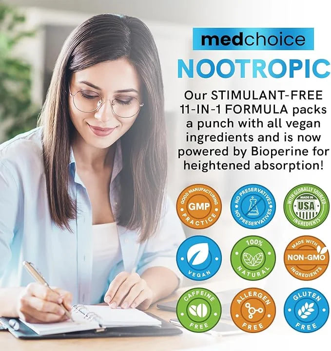 12-in-1 Nootropic Brain Supplement Anhydrous: Ginkgo Biloba for Brain Support, Memory and Focus - B12, Alpha GPC, L Theani...