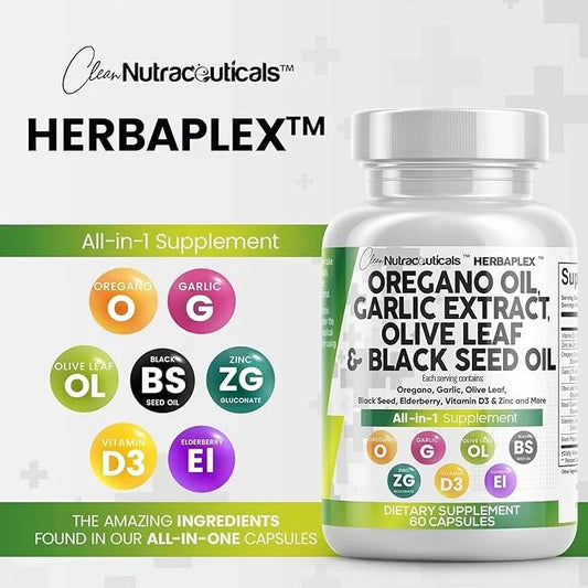 Clean Nutraceuticals Oregano Oil Garlic Extract Olive Leaf Black Seed Oil- Immune Support & Digestive Health Supplement fo...