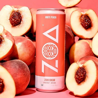 ZOA Zero Sugar Energy Drinks, White Peach - Sugar Free with Electrolytes, Healthy Vitamin C, Amino Acids, Essential B-Vita...