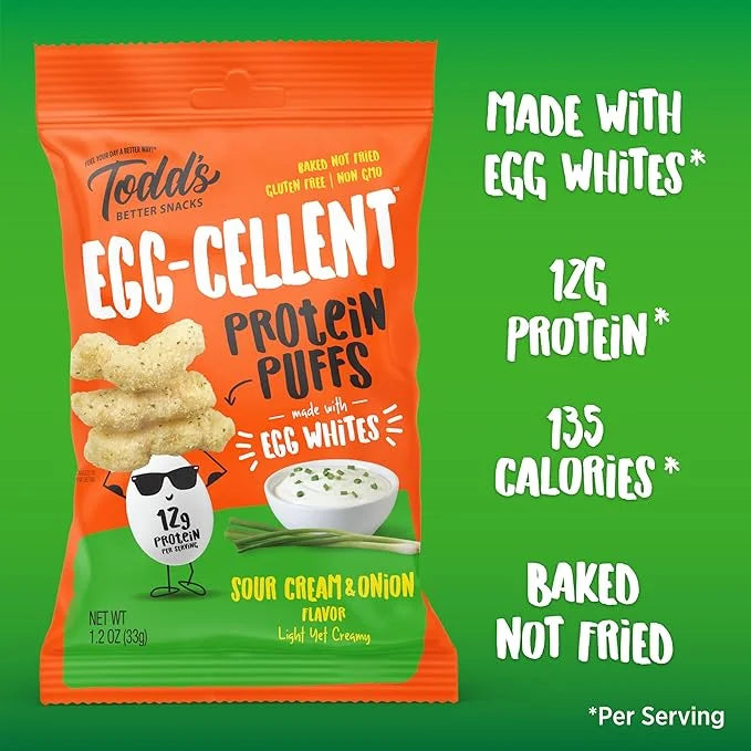 Todd's Better Snacks Egg-Cellent Protein Puffs, Sour Cream & Onion, 1.2 Oz (Pack of 10), Made with Egg Whites, 12g Protein...