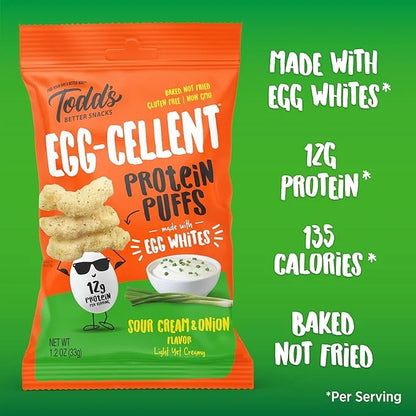 Todd's Better Snacks Egg-Cellent Protein Puffs, Sour Cream & Onion, 1.2 Oz (Pack of 10), Made with Egg Whites, 12g Protein...