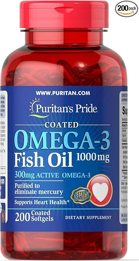 Puritan's Pride Omega-3 Fish Oil Coated 1000 mg (300 mg Omega-3)-200 Coated