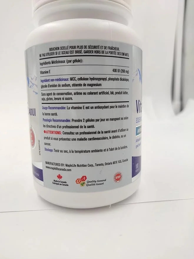 MapleLife Nutrition Vitamin E 400IU 100 softgels