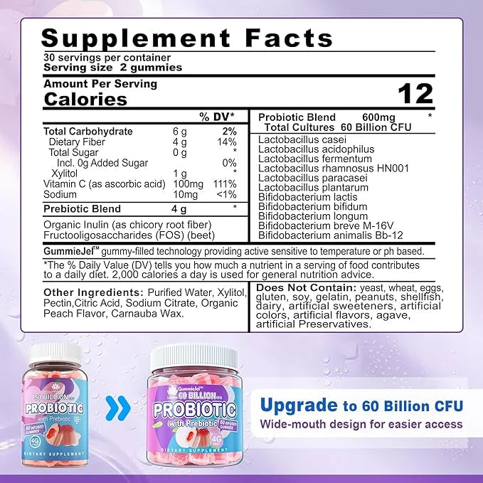 2Pack Probiotic + Prebiotics Gummies Sugar 60 Billion 11 Strains