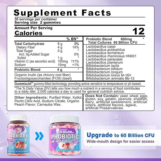 2Pack Probiotic + Prebiotics Gummies Sugar 60 Billion 11 Strains