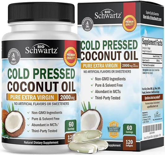 Coconut Oil Capsules 2000mg - Organic Pure Extra Virgin Unrefined Cold Pressed MCT Rich & Non-GMO for Healthy Skin Nails H...