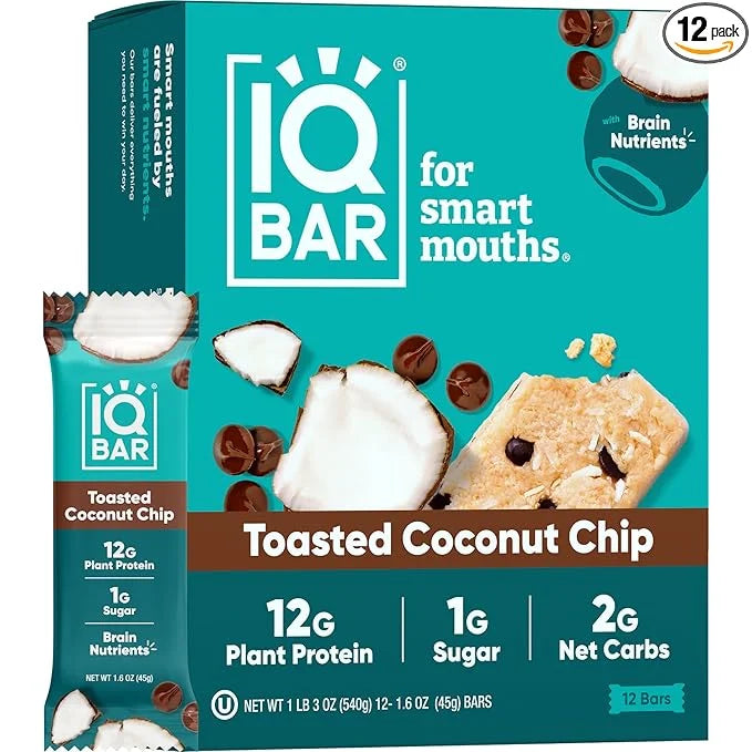 IQBAR Brain and Body Plant Protein Bars - Toasted Coconut Chip - 12-Count Low Carb - Gluten Free, High Fiber, Vegan Snacks...