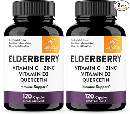 Elderberry Vitamin C and Zinc 120 Capsules (Pack of 2) | with Quercetin and Vitamin D3 | Immune Support for Adults | Herba...